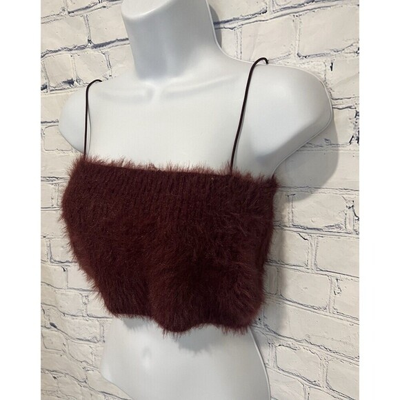 NWT Zara Burgundy Soft Feel Fuzzy Crop Spaghetti Strap Y2K Tank Top Size Large - Picture 2 of 5